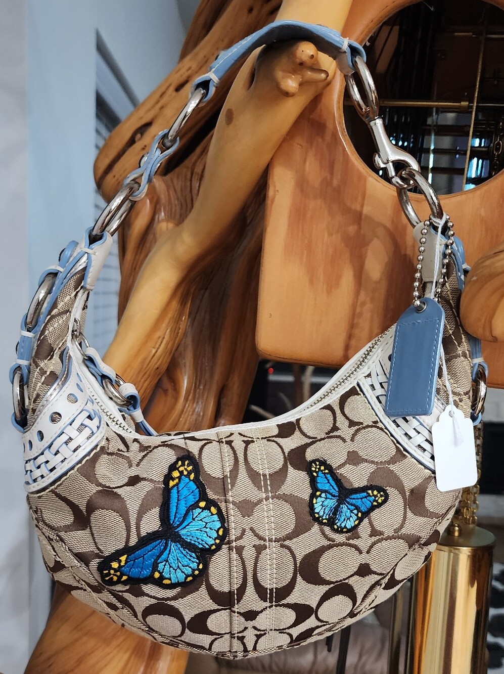 Y2k Coach Signature Hobo Bag in Khaki and Chalk with Blue Trimv